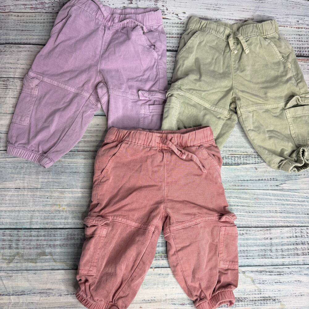 Cat & Jack Baby Girls 12M Cargo Jogger Pants Lot 3 Pink Green Pull On